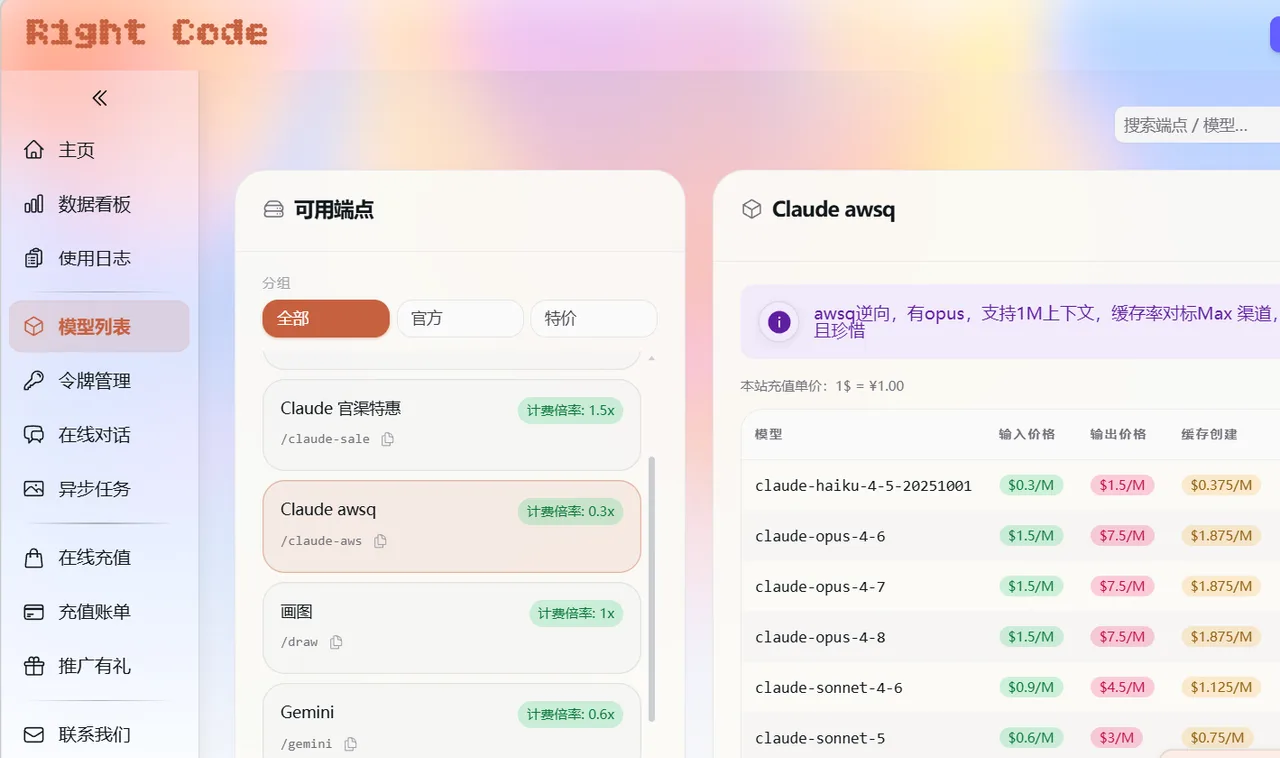 RightCode AWS 端点截图
